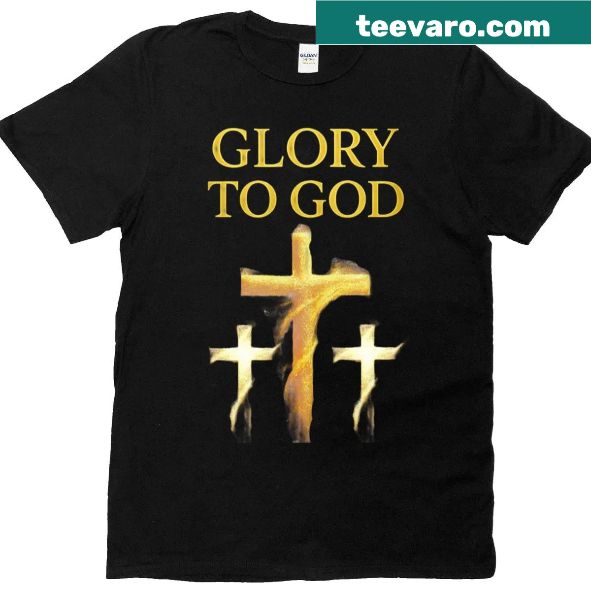 Minimalist Christian t-shirt with gold cross and text — on a men's t-shirt