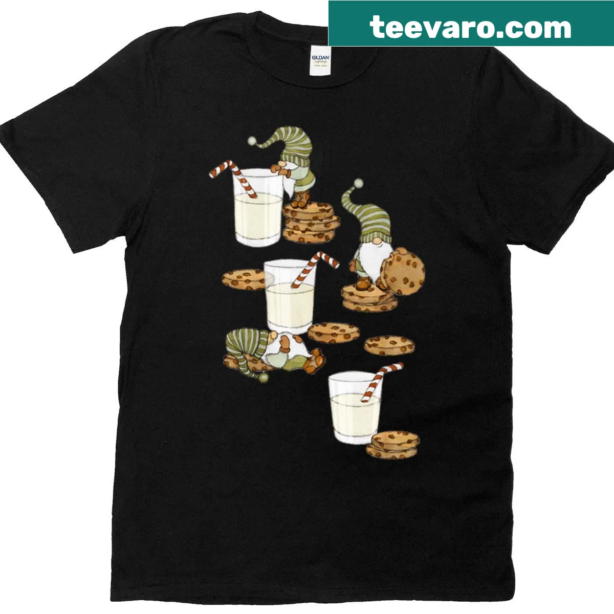 Playful illustration of gnomes with milk and cookies — on a men's t-shirt
