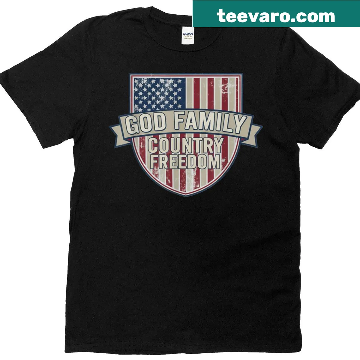 Patriotic shield design T-shirt honoring God, family, and country — on a men's t-shirt