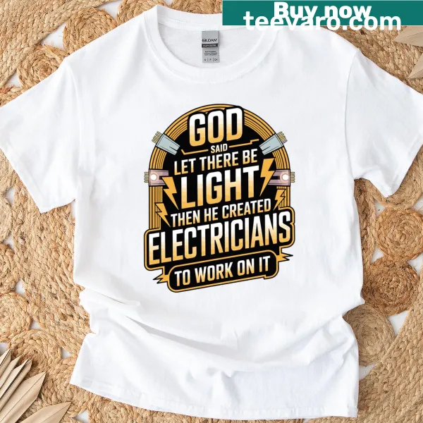 Funny Christian electrician t-shirt with light-themed graphic.