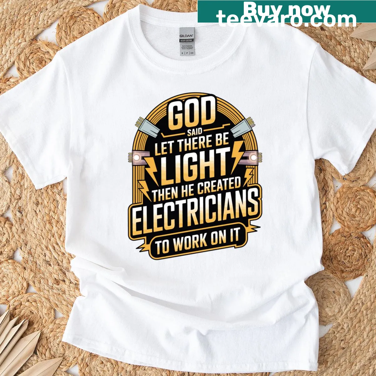 Funny Christian electrician t-shirt with light-themed graphic. — on a men's t-shirt