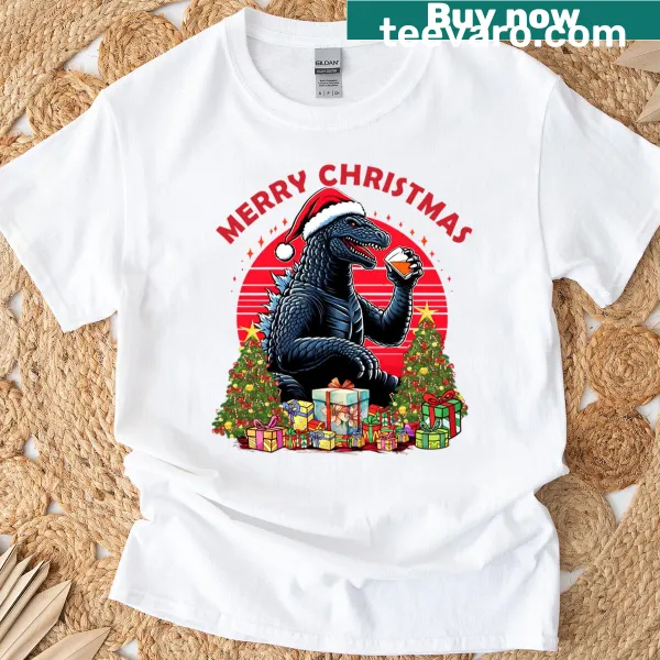 Playful Godzilla-themed Christmas T-shirt design