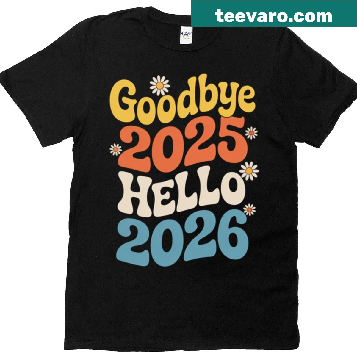 New Year t-shirt with daisies and playful 2025 to 2026 design — on a men's t-shirt
