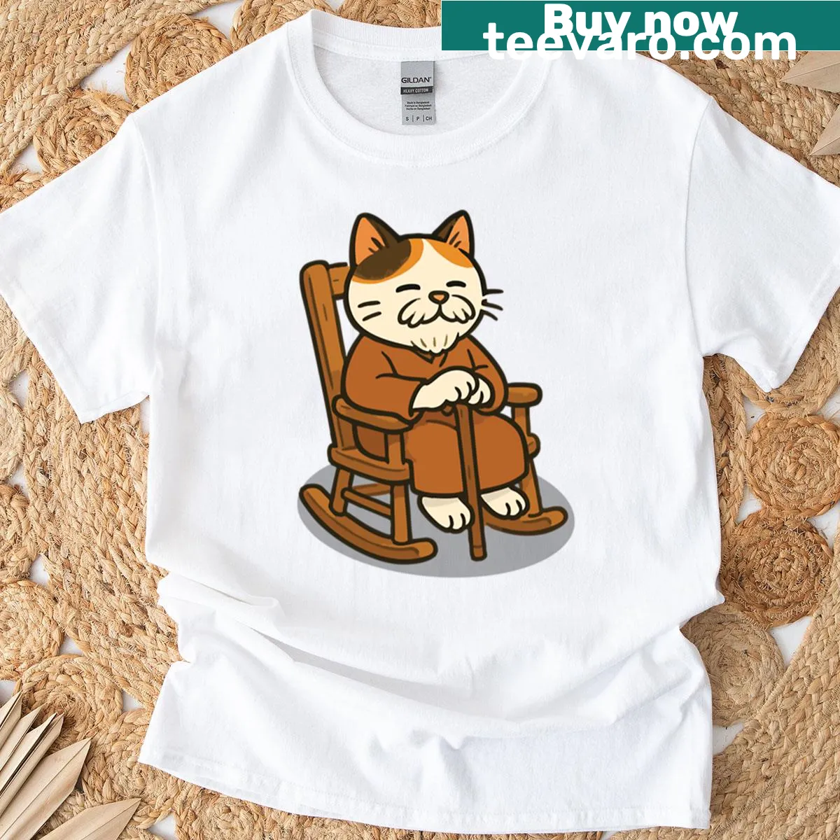 Illustration of an old cat in a rocking chair, wearing glasses — on a men's t-shirt
