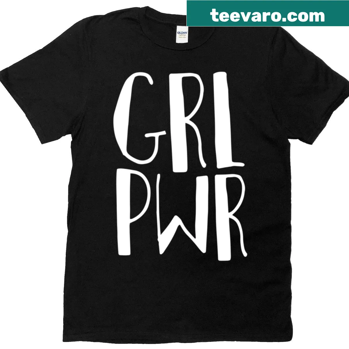 Minimalist white t-shirt with hand-lettered 'Grl Pwr' design — on a men's t-shirt