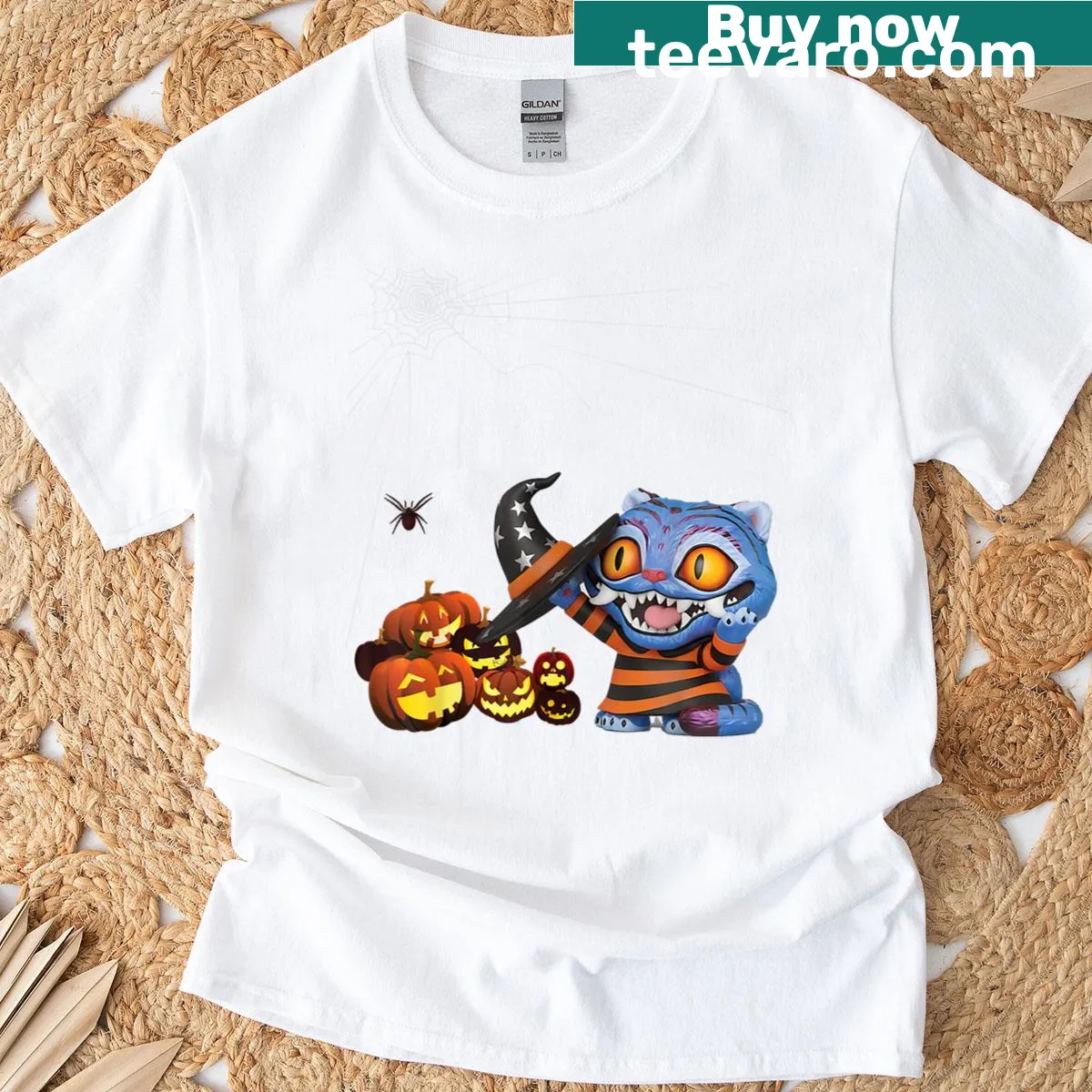 Cartoon design of a funny, derpy blue cat for Halloween. — on a men's t-shirt