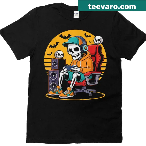 Playful skeleton character gaming on Halloween-themed T-shirt