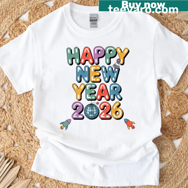 Festive New Year 2026 t-shirt with playful typography