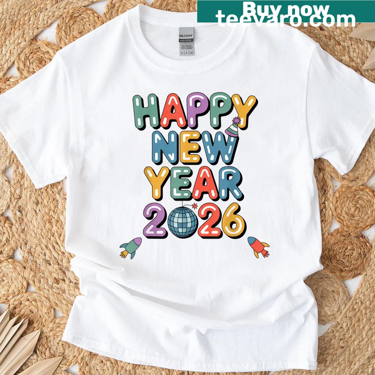 Festive New Year 2026 t-shirt with playful typography — on a men's t-shirt
