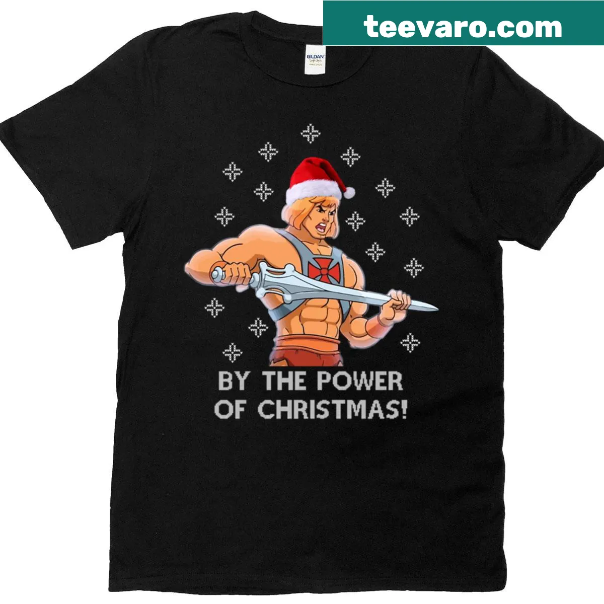 Humorous T-shirt featuring He-Man with a Christmas theme — on a men's t-shirt