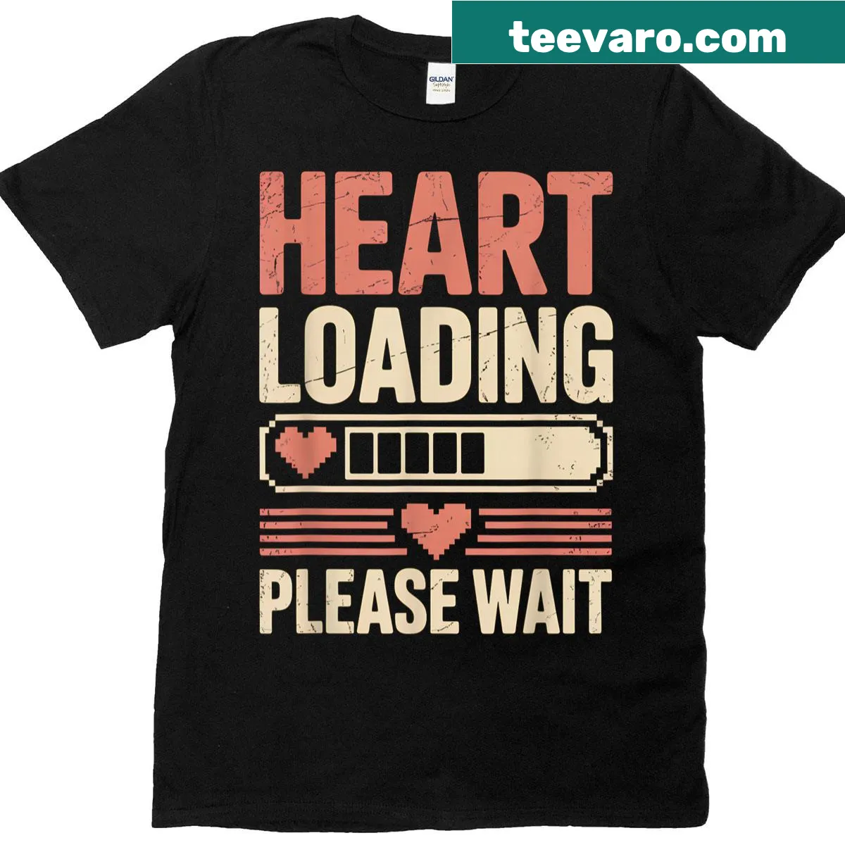 Retro pixel heart loading graphic with 'Please Wait' text — on a men's t-shirt
