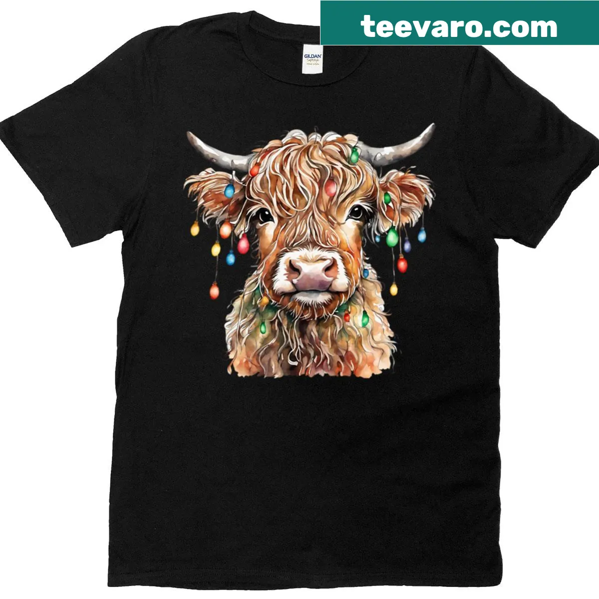 Cute Christmas T-shirt featuring a Highland cow illustration — on a men's t-shirt