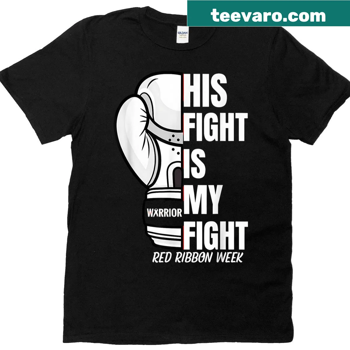 Red ribbon awareness shirt with 'His Fight Is My Fight' text — on a men's t-shirt