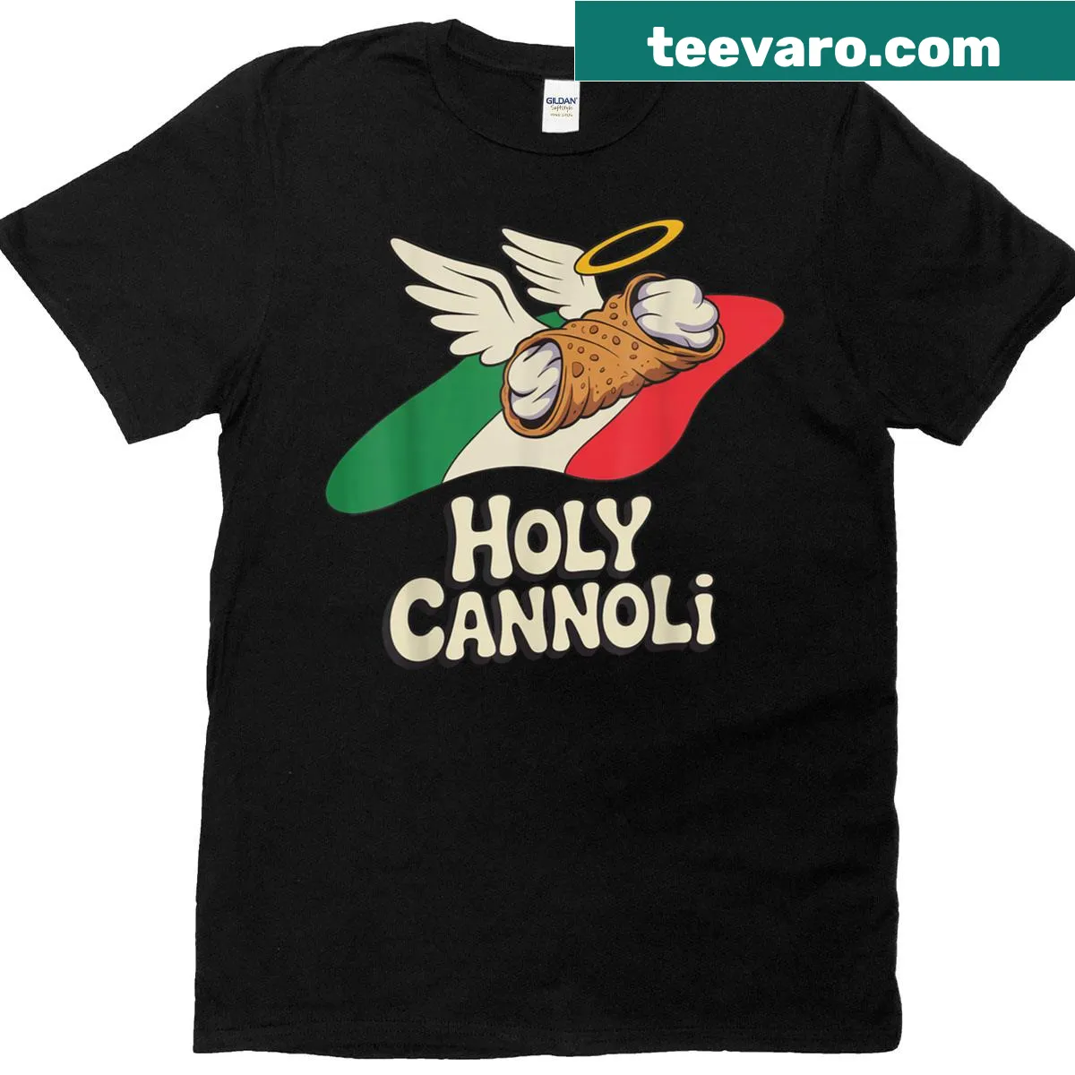 Holy Cannoli Lovers T-shirt featuring a playful quote about cannoli. — on a men's t-shirt