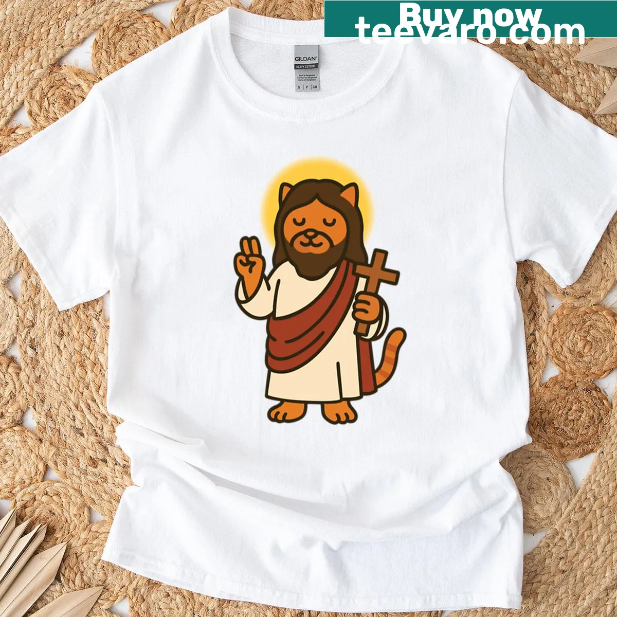 Cute religious cat illustration T-shirt with a blessing — on a men's t-shirt