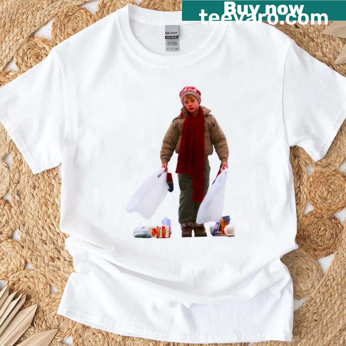 Funny Home Alone Kevin shopping graphic T-shirt for kids — on a men's t-shirt