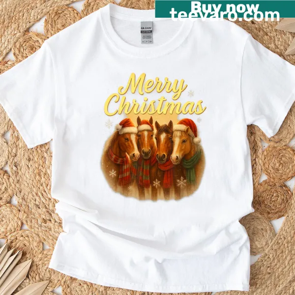 Cute horse T-shirt with Santa hats for Christmas