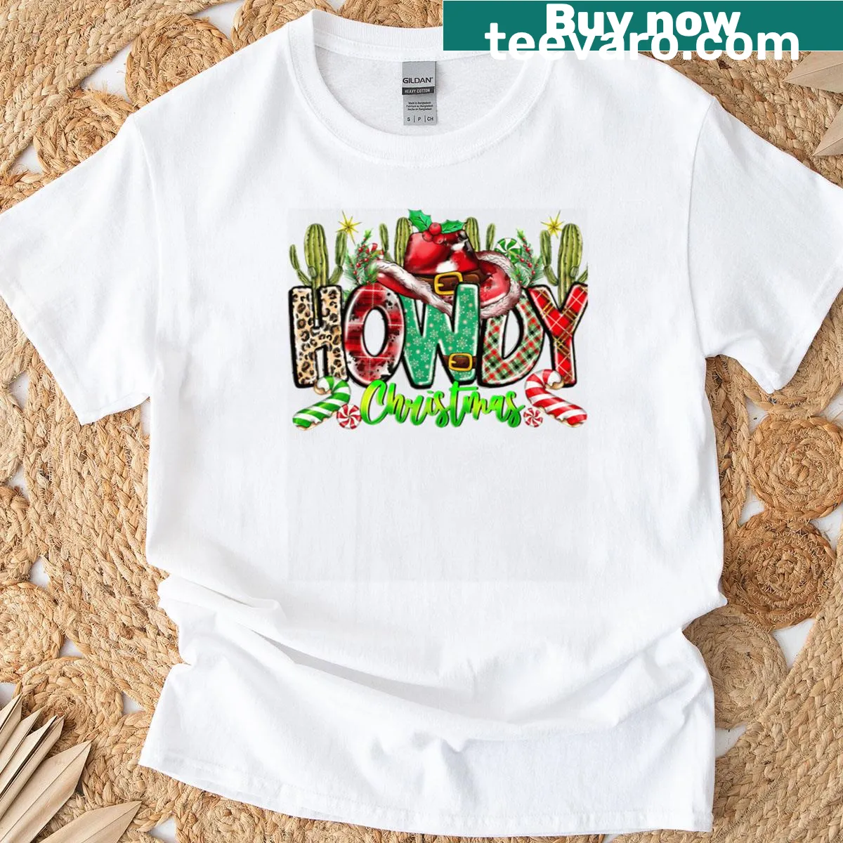 Howdy Christmas Cactus T-shirt with cowboy design — on a men's t-shirt