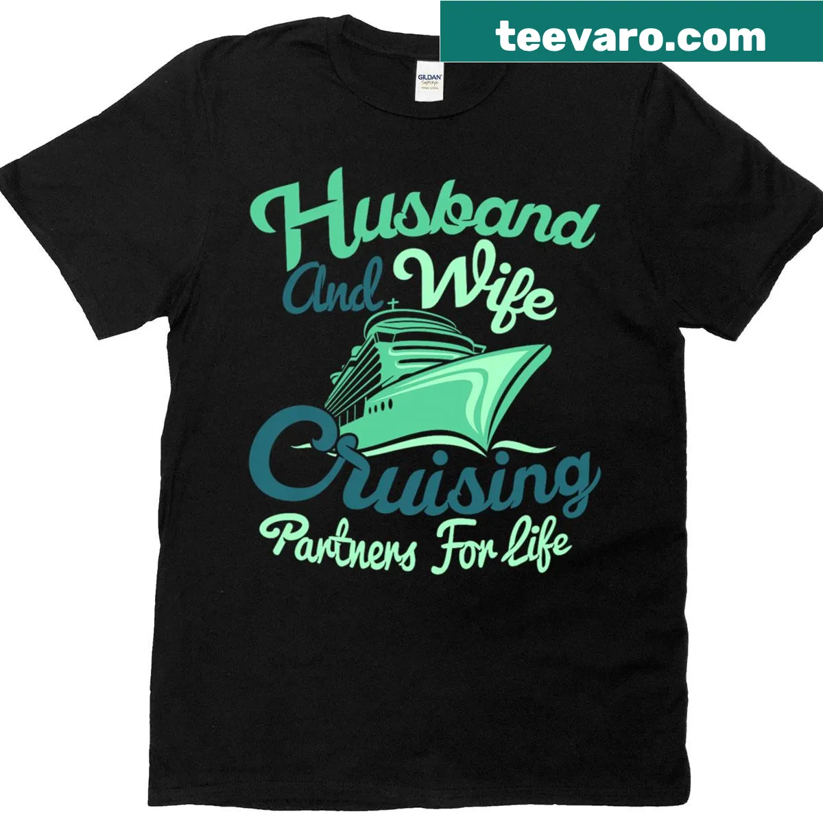 Couple cruising partners t-shirt with travel theme — on a men's t-shirt