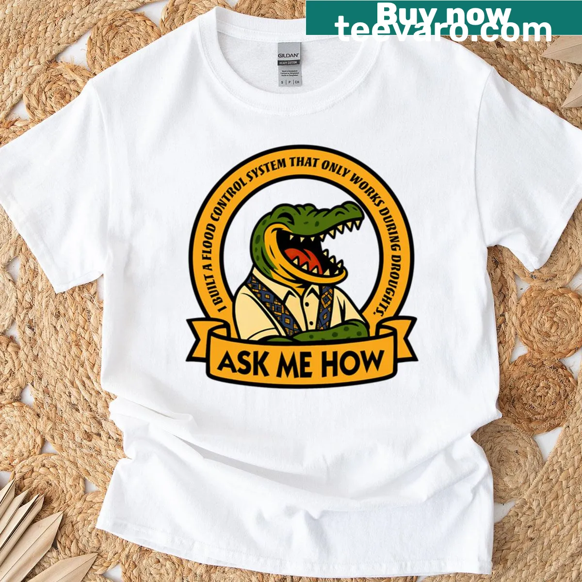 Funny T-shirt with an engineering joke about flood control — on a men's t-shirt