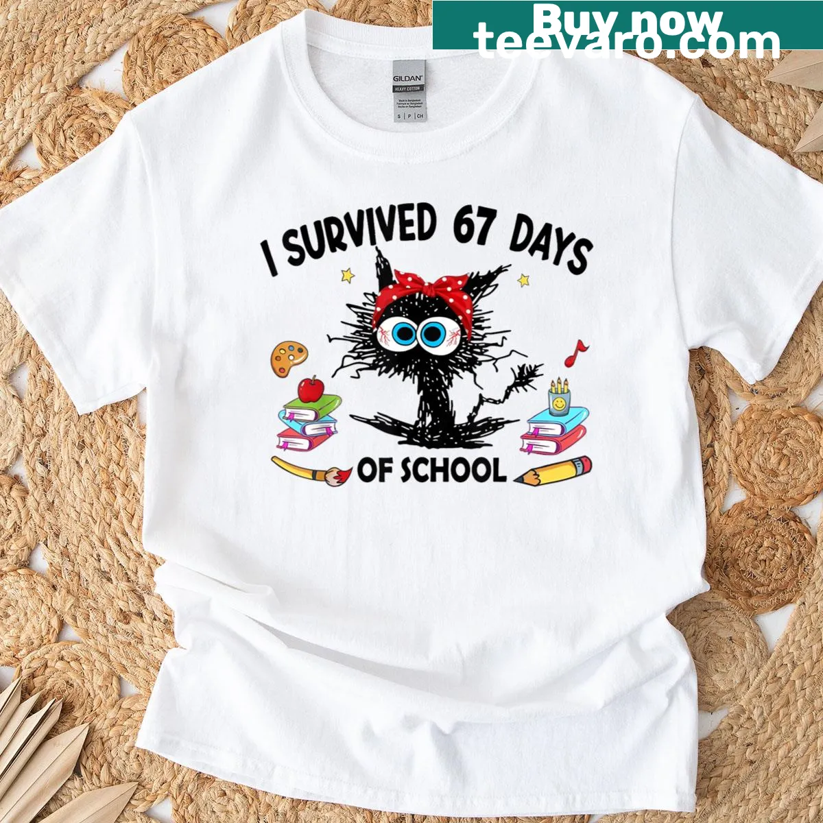 Funny T-shirt for cat teachers featuring 'I Survived 67 Days Of School' — on a men's t-shirt