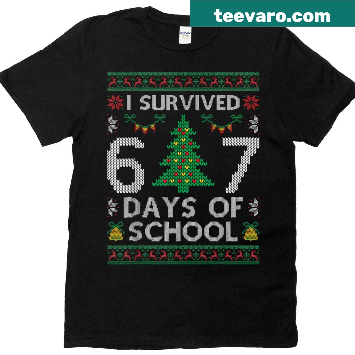 Funny t-shirt with 'I Survived 67 Days Of School' meme — on a men's t-shirt