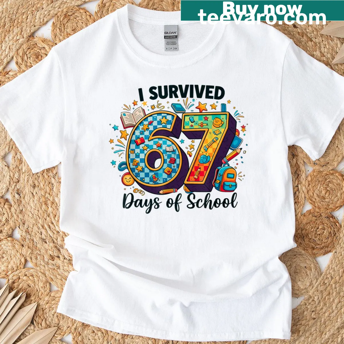 Funny student t-shirt with text about surviving 67 days of school — on a men's t-shirt