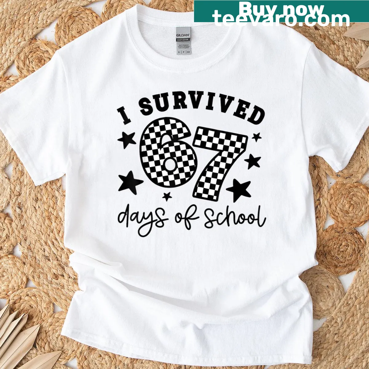 I Survived 67 Days Of School T-shirt with checkered design — on a men's t-shirt