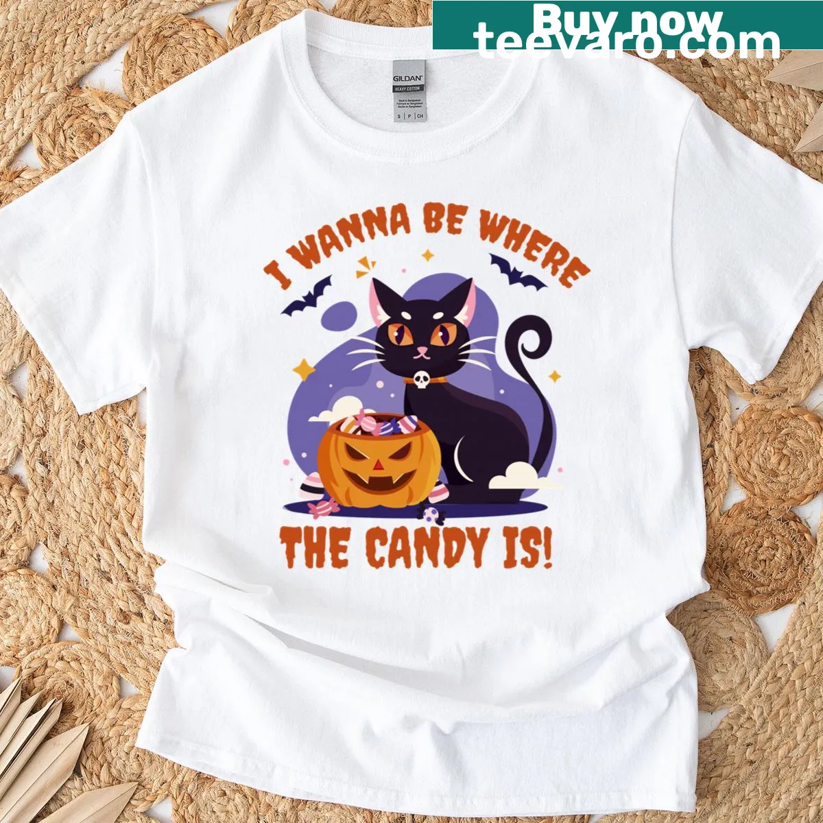Kawaii cat t-shirt with candy-themed text and playful design — on a men's t-shirt