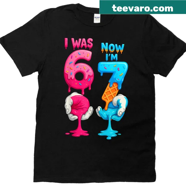 T-shirt for kids saying 'I Was 6 Now I'm 7' in playful typography.