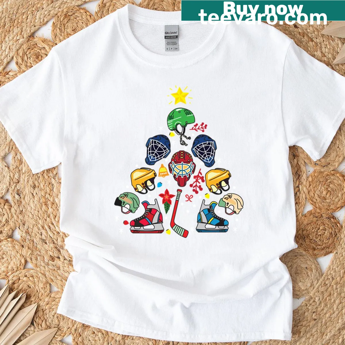 Funny ice hockey Christmas tree t-shirt design — on a men's t-shirt