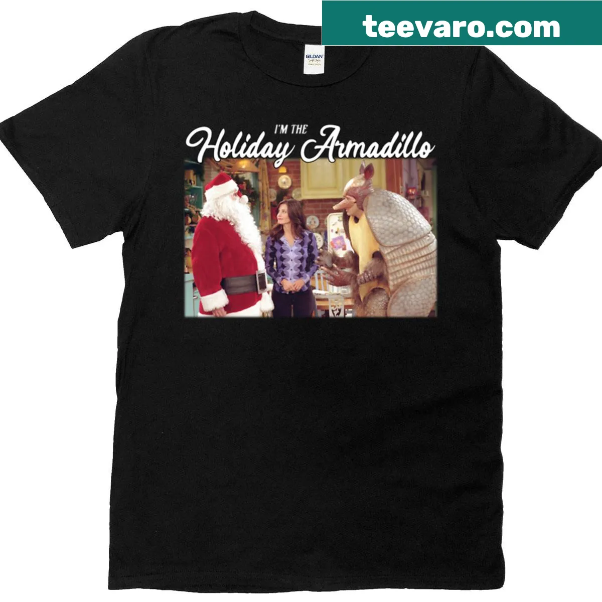 T-shirt featuring a playful illustration of the Holiday Armadillo from Friends. — on a men's t-shirt