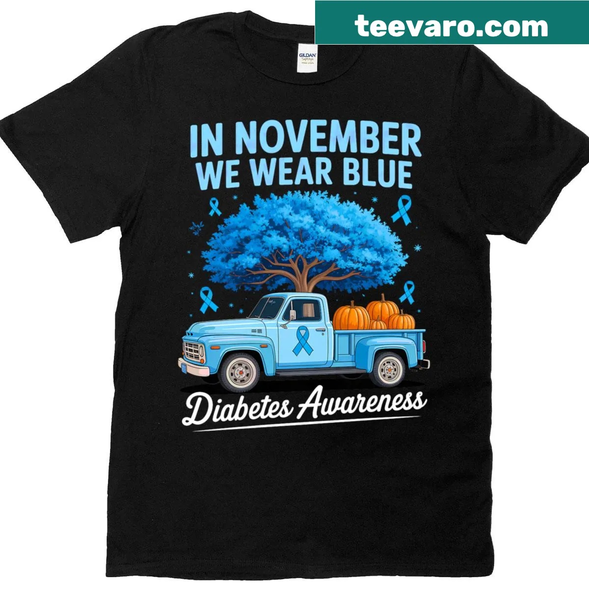 T-shirt with 'In November We Wear Blue Ribbons' highlighting diabetes awareness. — on a men's t-shirt