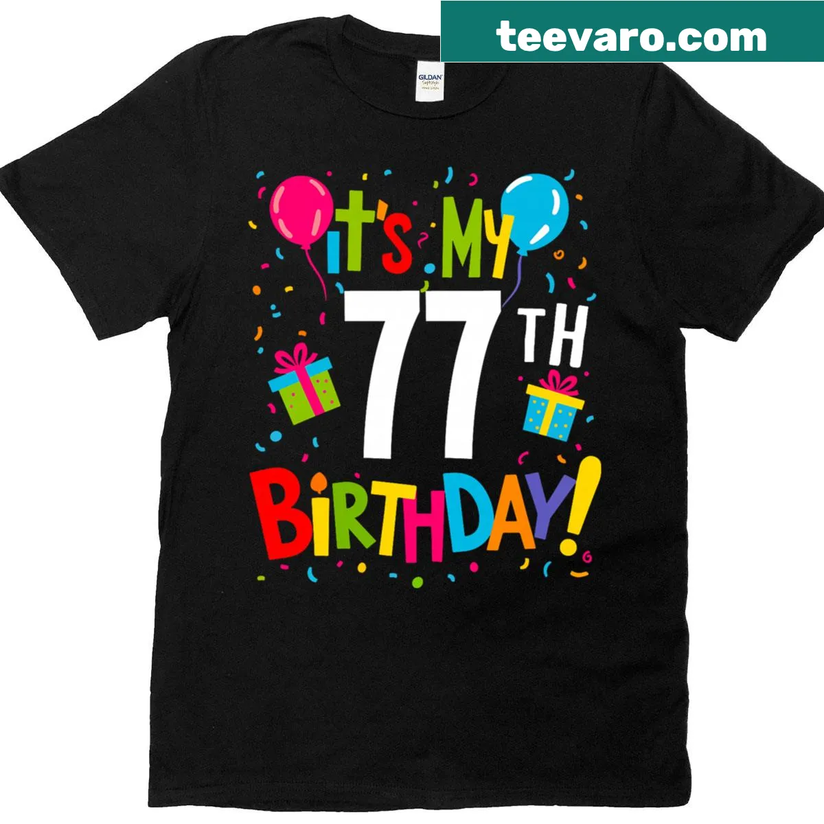 Birthday T-shirt with 'It's My 77th Birthday' text — on a men's t-shirt