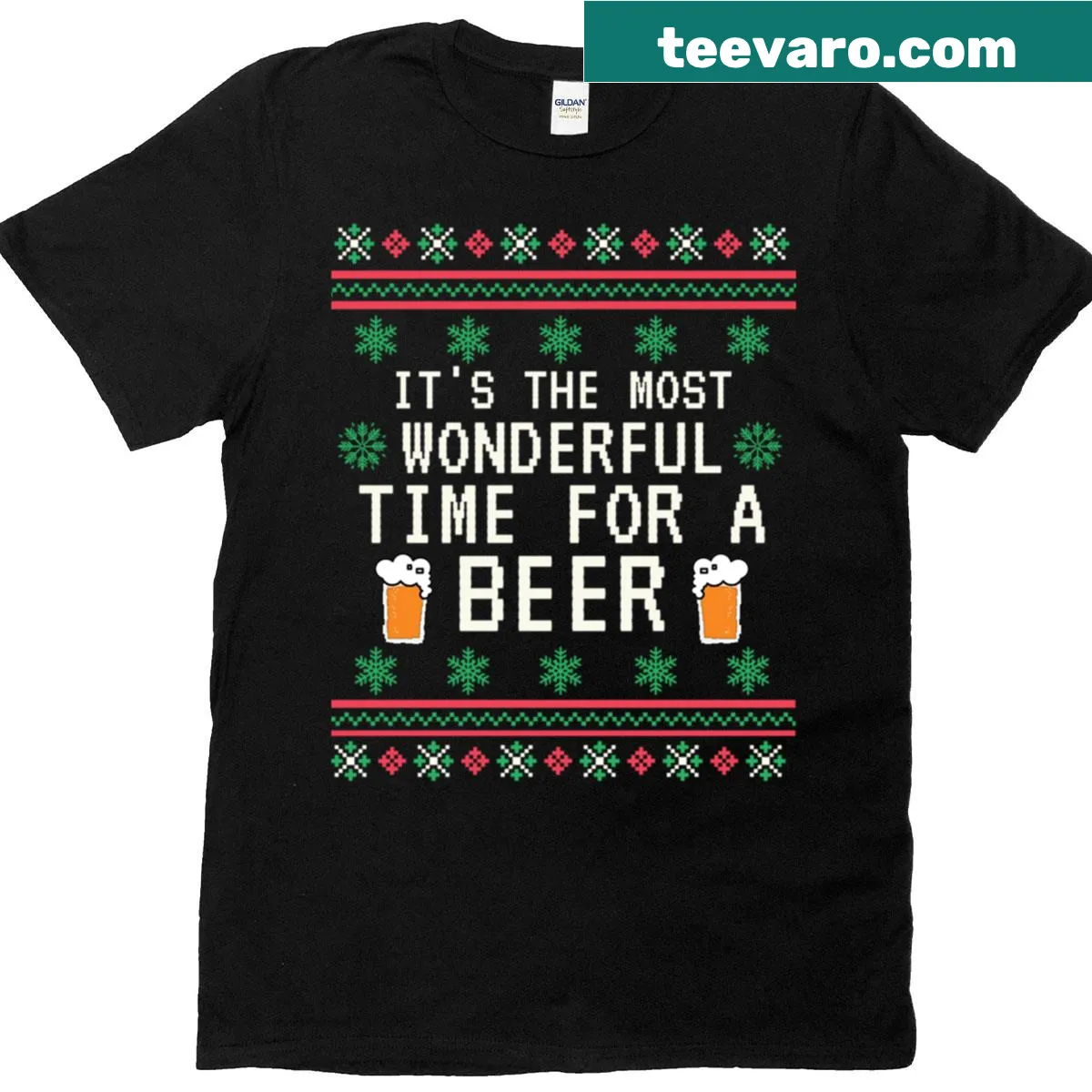 Holiday-themed t-shirt with the quote about beer and Christmas cheer — on a men's t-shirt