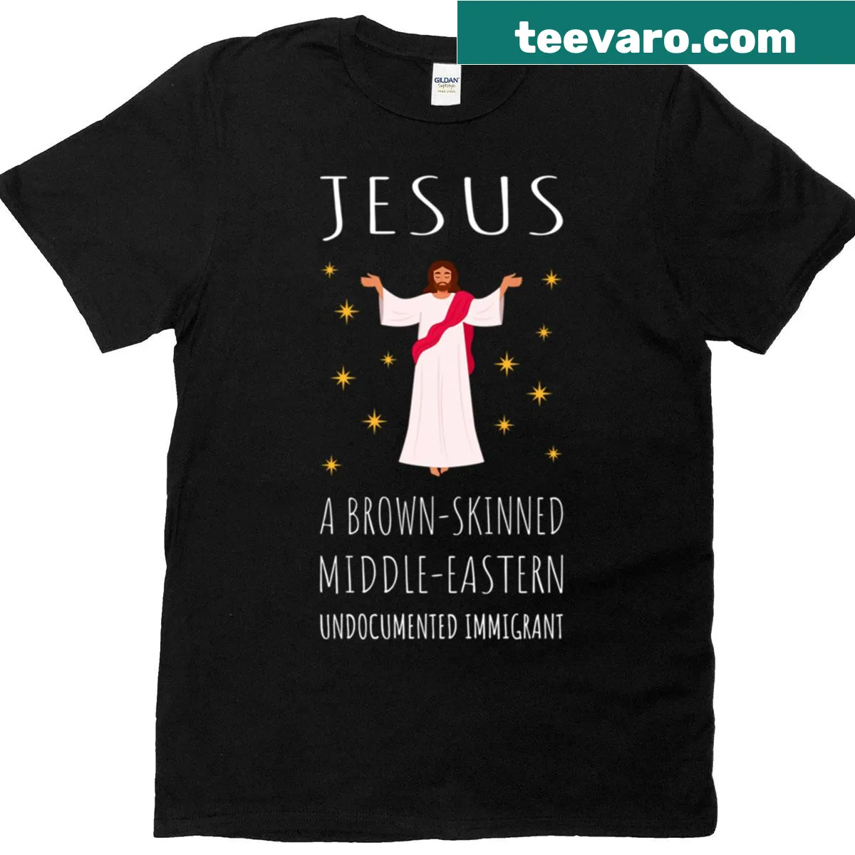 Typography T-shirt depicting Jesus as a brown-skinned undocumented immigrant — on a men's t-shirt