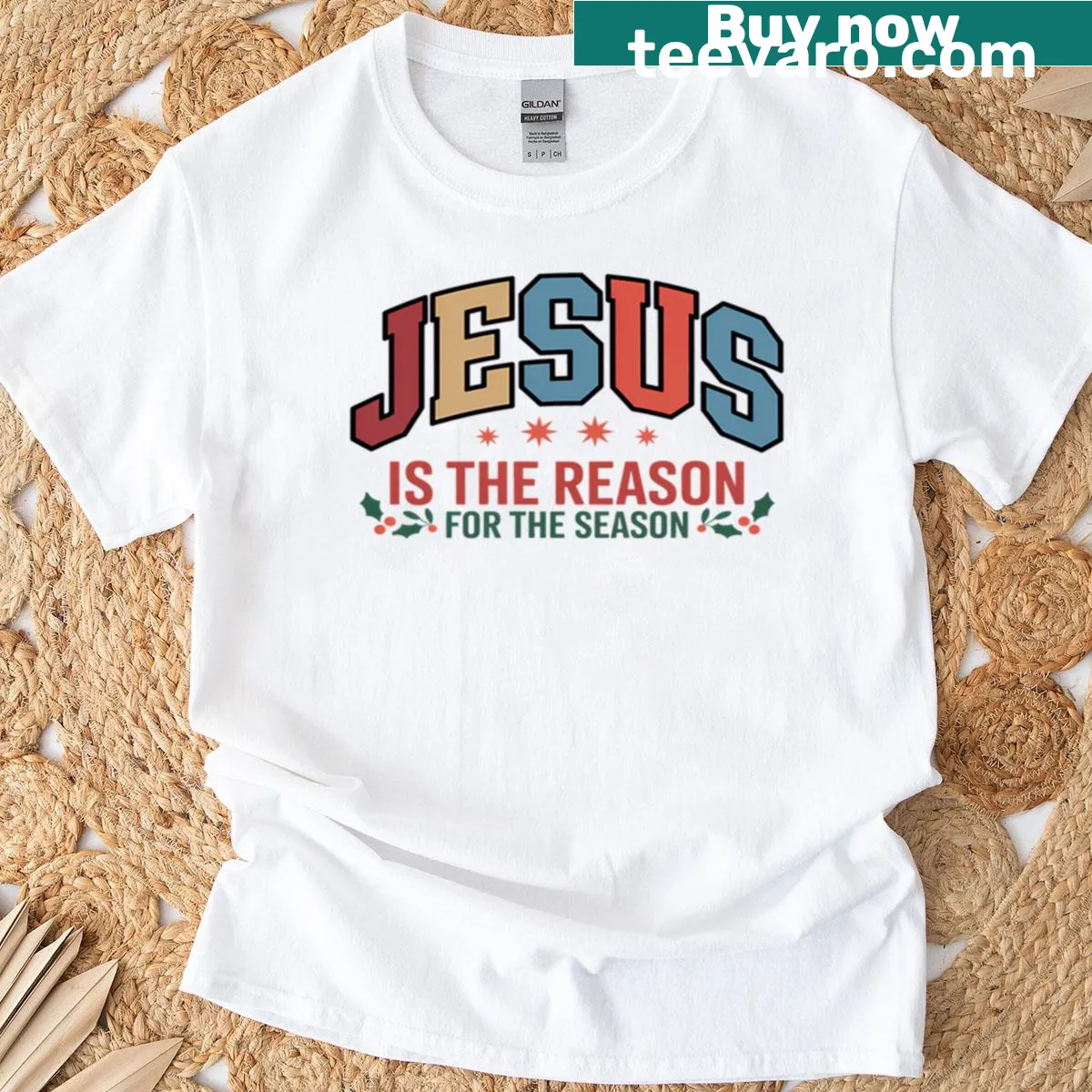 Typographic T-shirt with the message 'Jesus Is The Reason For The Season' — on a men's t-shirt