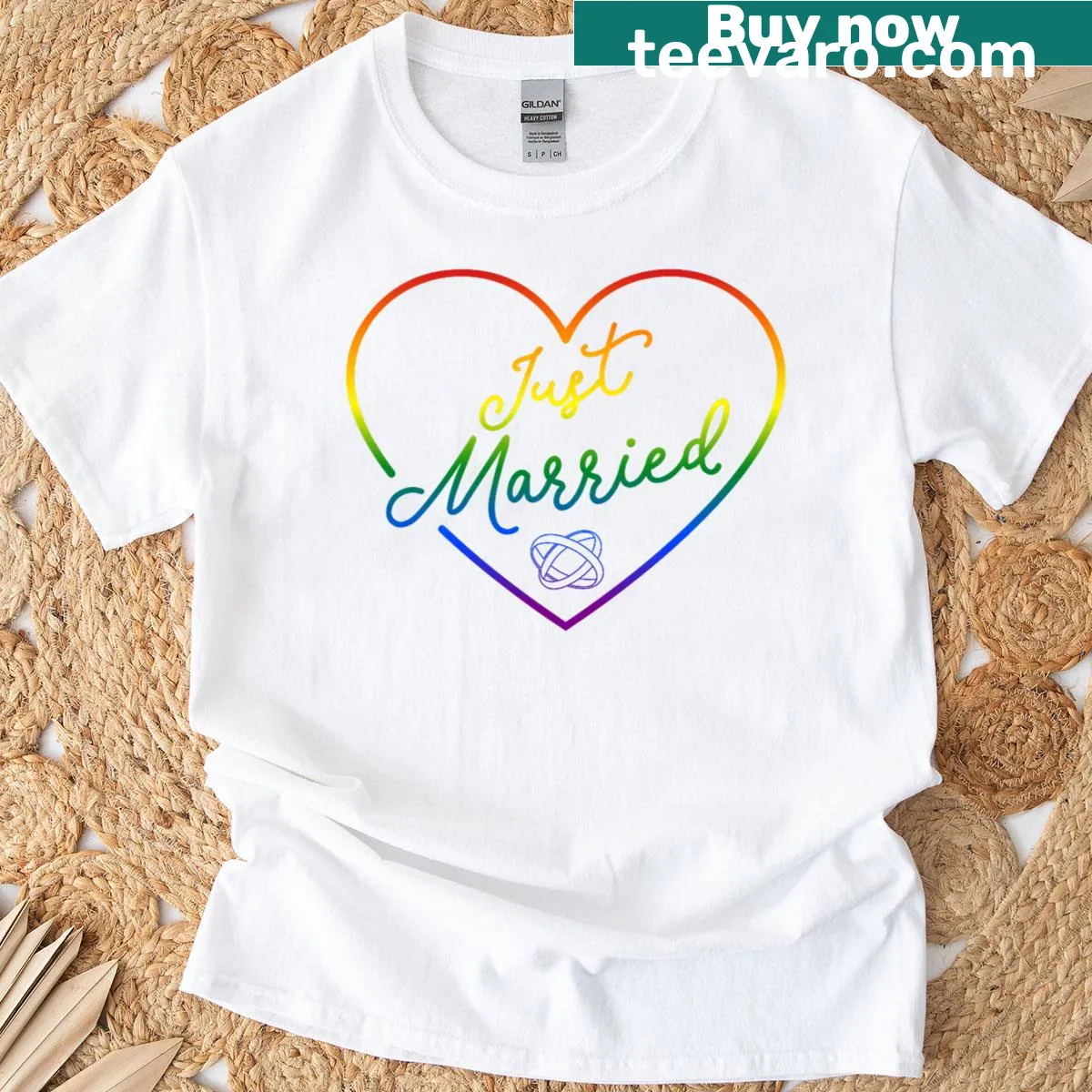 Just Married t-shirt with LGBTQ pride flag design — on a men's t-shirt