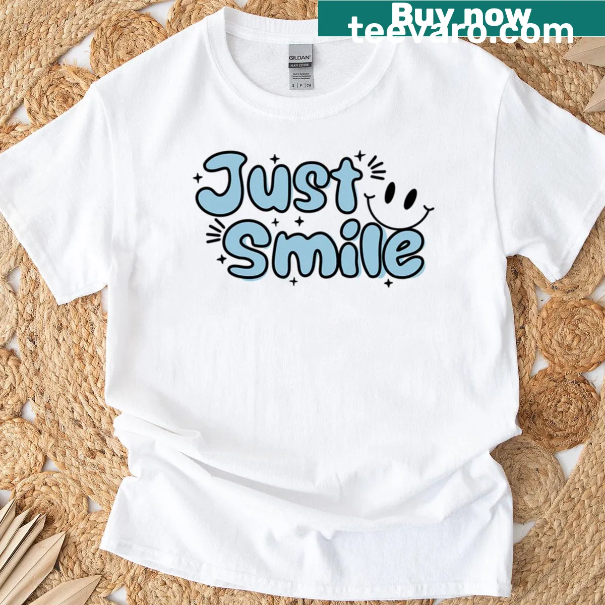 Typography t-shirt featuring the uplifting message 'Just Smile' — on a men's t-shirt