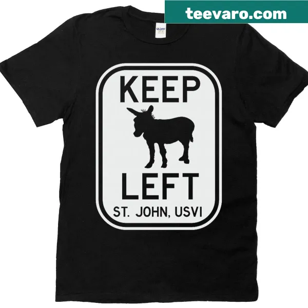 T-shirt with Keep Left St John message and donkey illustration