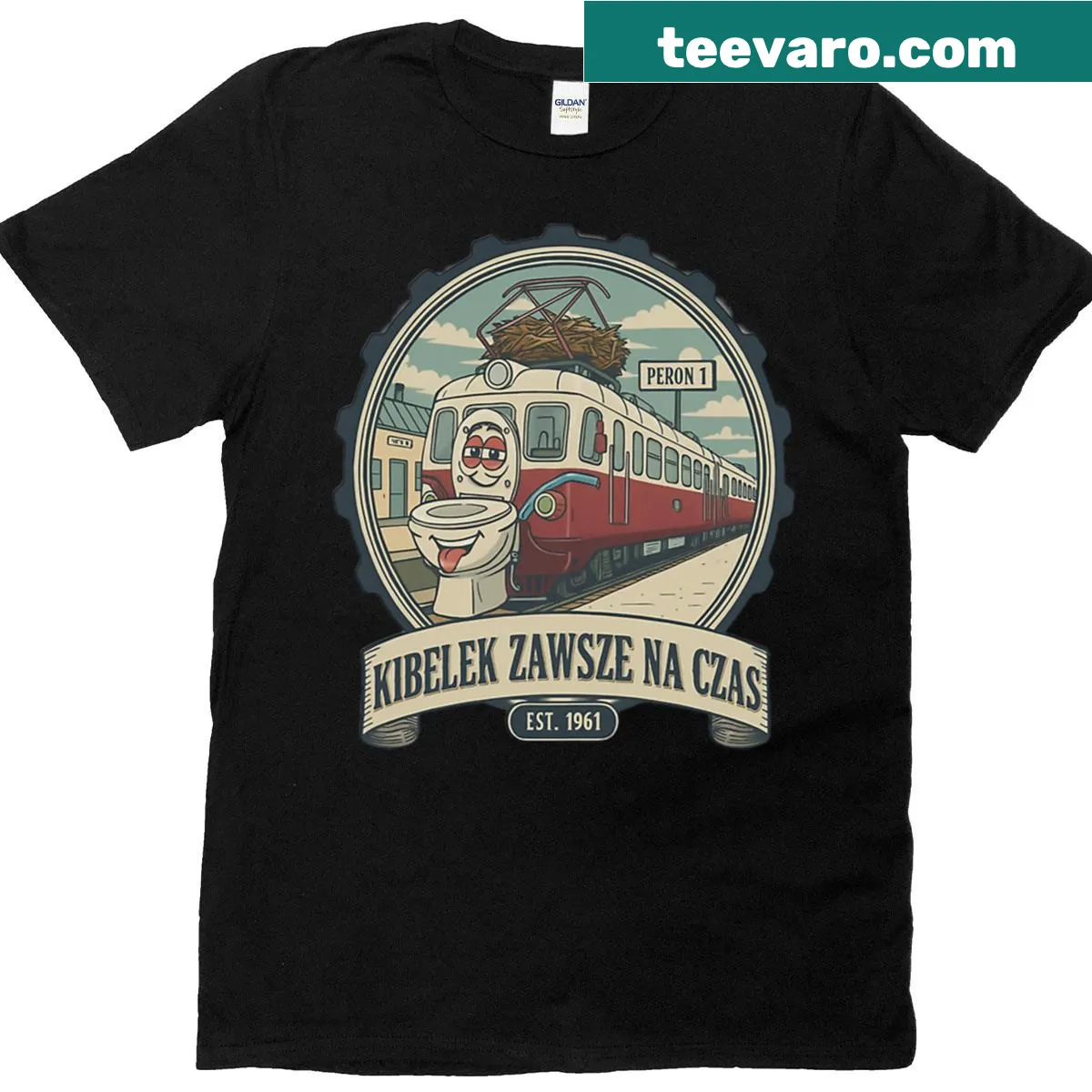 Humorous Polish train meme art T-shirt design. — on a men's t-shirt