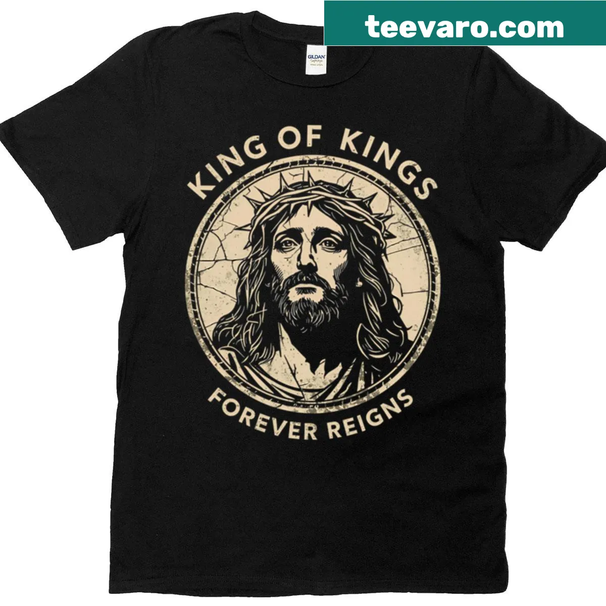 Christian t-shirt featuring the phrase King Of Kings Forever Reigns — on a men's t-shirt