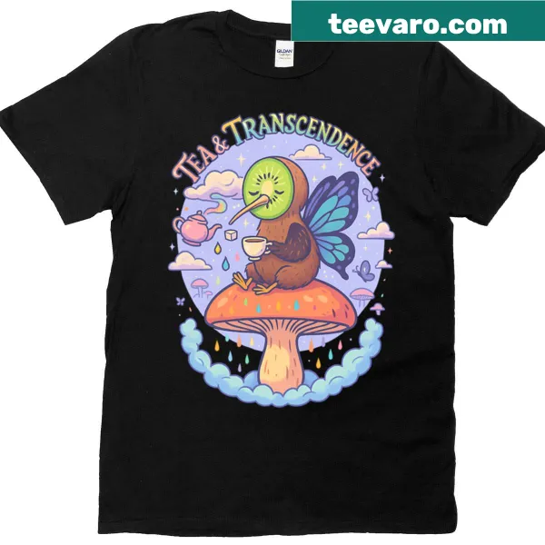 T-shirt featuring a kiwi bird with butterfly wings and colorful fantasy elements