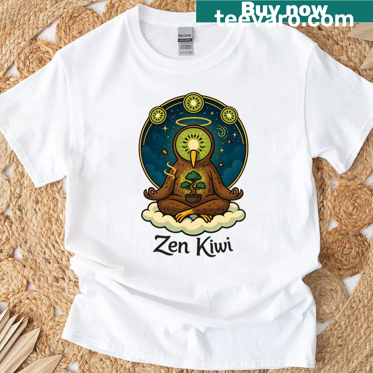 T-shirt with kiwi bird and bonsai illustration promoting zen — on a men's t-shirt