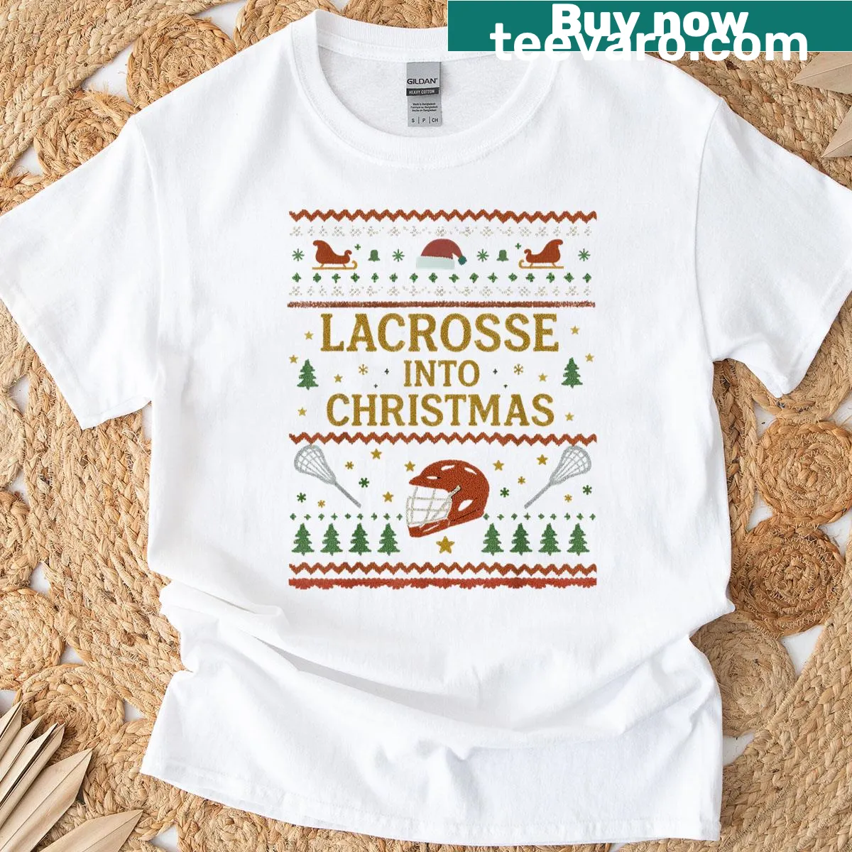 Cartoon Santa in lacrosse gear on Christmas-themed T-shirt — on a men's t-shirt