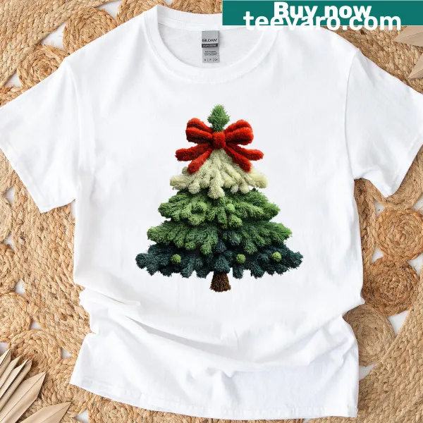 Faux embroidery Christmas tree t-shirt featuring latch hook design for holiday cheer.
