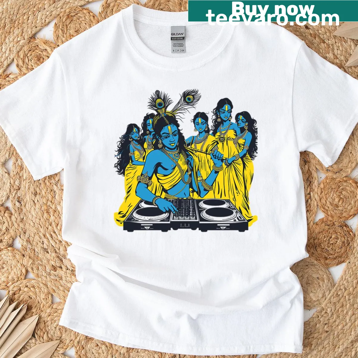 Modern DJ depiction of Lord Krishna on a t-shirt — on a men's t-shirt
