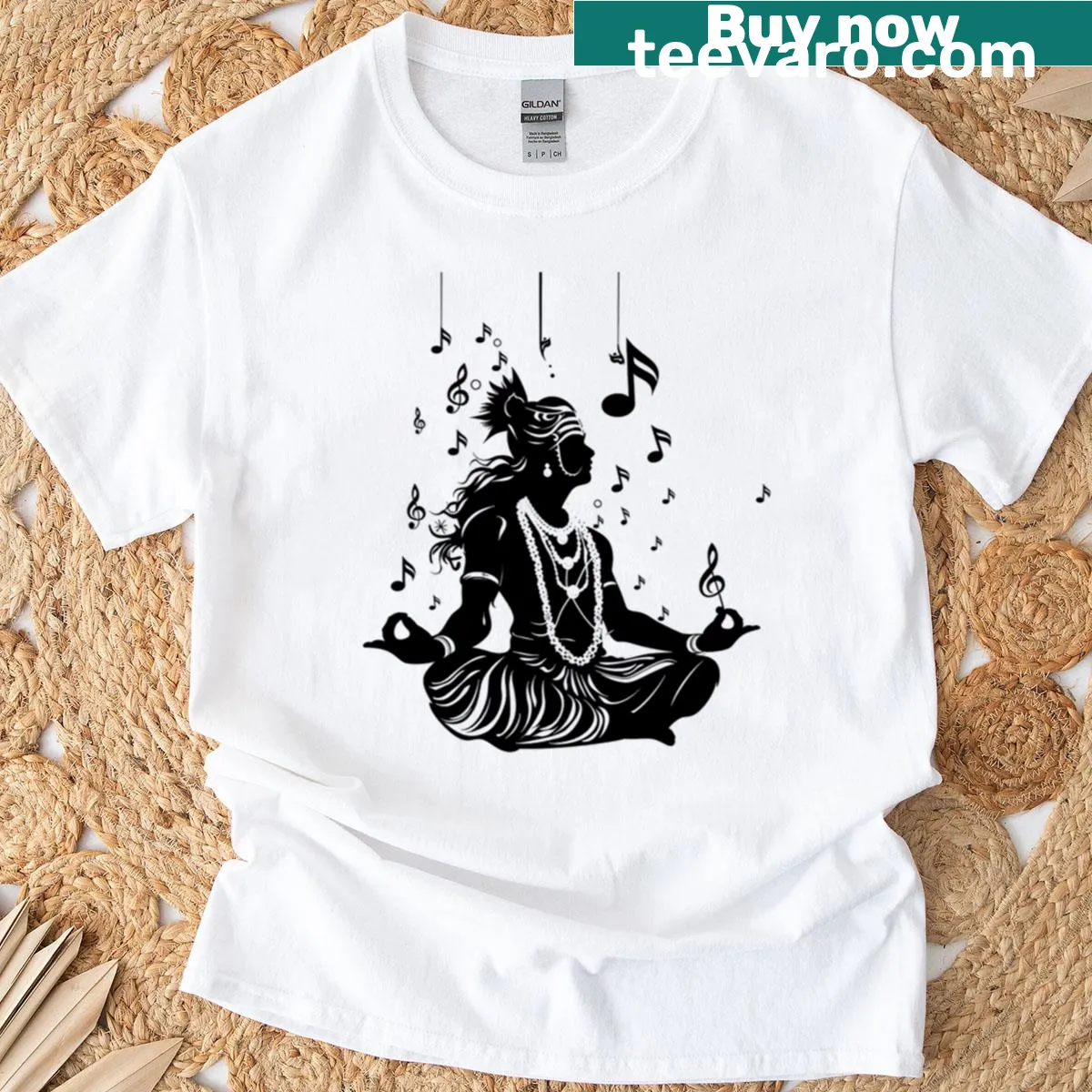 Illustration of Lord Krishna with musical elements — on a men's t-shirt