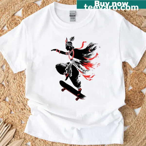 T-shirt featuring Lord Krishna on a skateboard in playful design