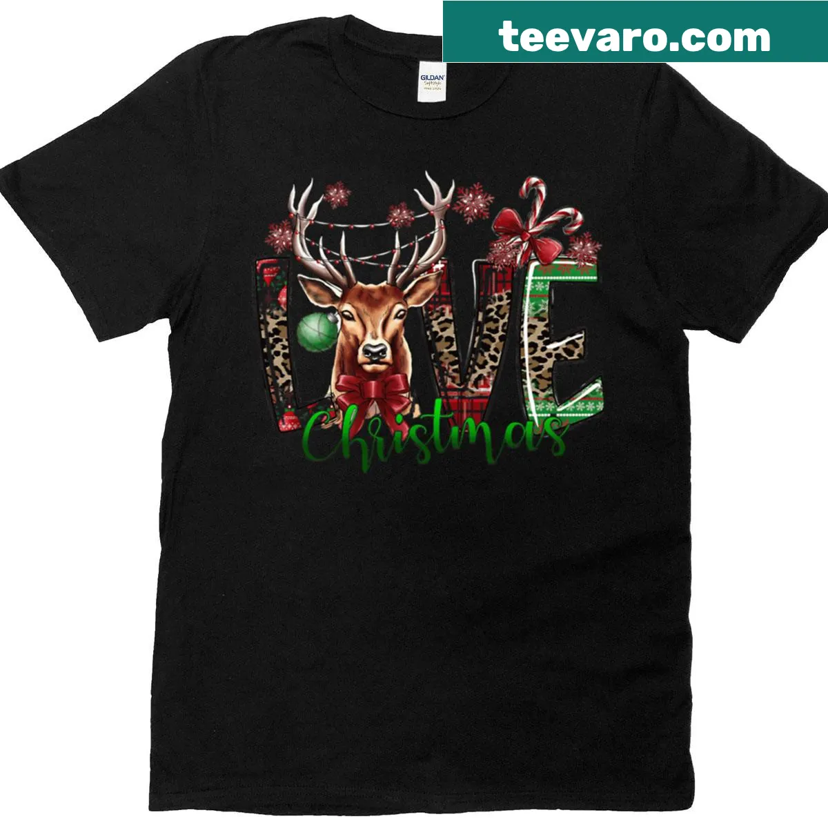 Christmas t-shirt with festive deer antlers and plaid design — on a men's t-shirt